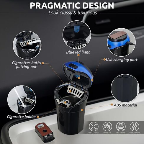 TAKAVU Car Ashtray (1-Pack), Easy Clean Up Detachable Stainless Car Ashtray with Lid Blue LED light and Removable Lighter for Most Car Cup Holder (Blue) in Kuwait