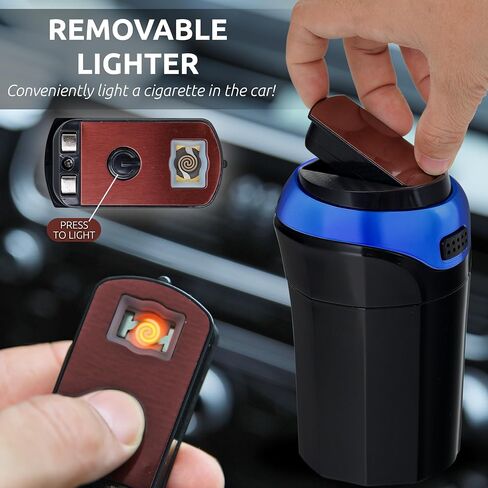 TAKAVU Car Ashtray (1-Pack), Easy Clean Up Detachable Stainless Car Ashtray with Lid Blue LED light and Removable Lighter for Most Car Cup Holder (Blue) in Kuwait