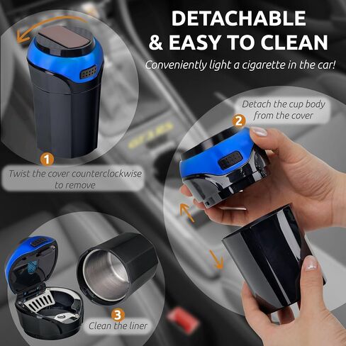 TAKAVU Car Ashtray (1-Pack), Easy Clean Up Detachable Stainless Car Ashtray with Lid Blue LED light and Removable Lighter for Most Car Cup Holder (Blue) in Kuwait