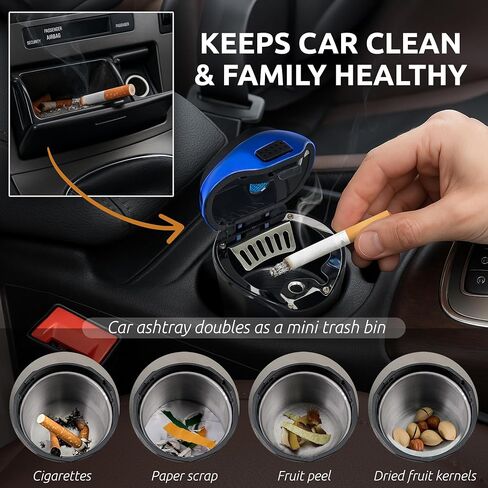 TAKAVU Car Ashtray (1-Pack), Easy Clean Up Detachable Stainless Car Ashtray with Lid Blue LED light and Removable Lighter for Most Car Cup Holder (Blue) in Kuwait