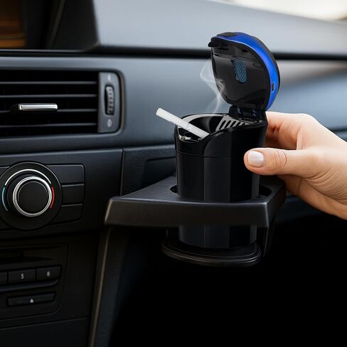 TAKAVU Car Ashtray (1-Pack), Easy Clean Up Detachable Stainless Car Ashtray with Lid Blue LED light and Removable Lighter for Most Car Cup Holder (Blue) in Kuwait