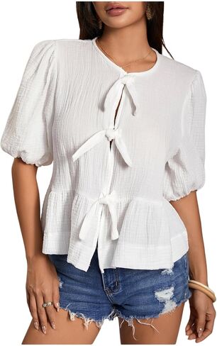 بلوزة SweatyRocks النسائية ذات القوس Peplum بأكمام قصيرة وربطة أمامية in Saudi Arabia