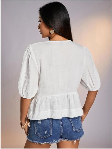 بلوزة SweatyRocks النسائية ذات القوس Peplum بأكمام قصيرة وربطة أمامية in Saudi Arabia