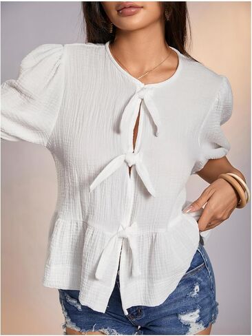 بلوزة SweatyRocks النسائية ذات القوس Peplum بأكمام قصيرة وربطة أمامية in Saudi Arabia