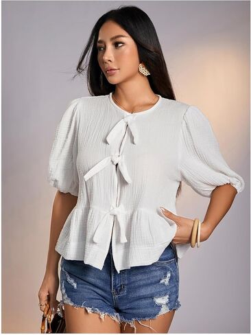 بلوزة SweatyRocks النسائية ذات القوس Peplum بأكمام قصيرة وربطة أمامية in Saudi Arabia