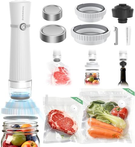 3-in-1 Vacuum Sealer for Food Compatible with Vacuum Bag, Mason Jar, Wine Bottle, Handheld Saver Compact Vacuum Sealer Machine with 14 Reusable Bags, 14 Mason Jar Lids, Wine Stopper in Saudi Arabia