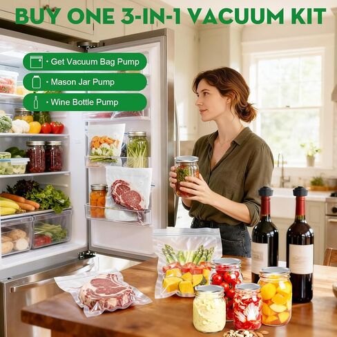 3-in-1 Vacuum Sealer for Food Compatible with Vacuum Bag, Mason Jar, Wine Bottle, Handheld Saver Compact Vacuum Sealer Machine with 14 Reusable Bags, 14 Mason Jar Lids, Wine Stopper in Saudi Arabia