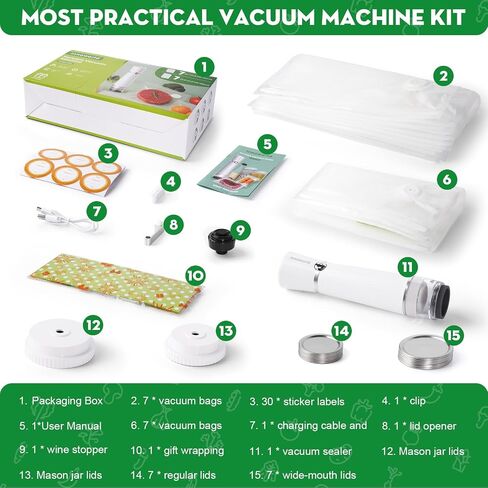3-in-1 Vacuum Sealer for Food Compatible with Vacuum Bag, Mason Jar, Wine Bottle, Handheld Saver Compact Vacuum Sealer Machine with 14 Reusable Bags, 14 Mason Jar Lids, Wine Stopper in Saudi Arabia
