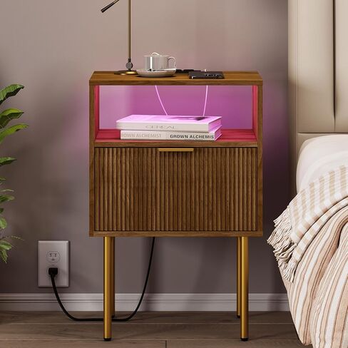Nightstand with Outlet and Led Light, Bedside Table with Storage Drawer, Fluted Side Table for Living Room, Bedroom in Saudi Arabia