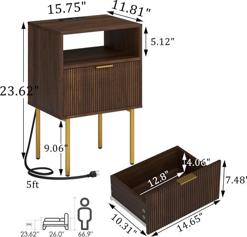 Nightstand with Outlet and Led Light, Bedside Table with Storage Drawer, Fluted Side Table for Living Room, Bedroom in Saudi Arabia