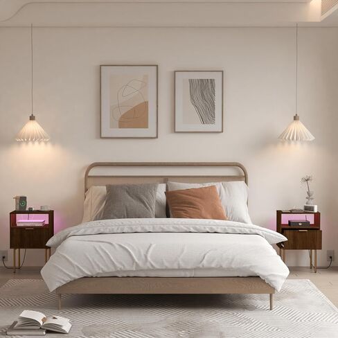 Nightstand with Outlet and Led Light, Bedside Table with Storage Drawer, Fluted Side Table for Living Room, Bedroom in Saudi Arabia