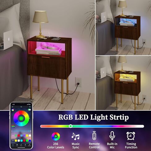 Nightstand with Outlet and Led Light, Bedside Table with Storage Drawer, Fluted Side Table for Living Room, Bedroom in Saudi Arabia