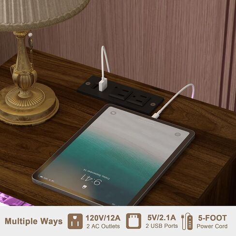 Nightstand with Outlet and Led Light, Bedside Table with Storage Drawer, Fluted Side Table for Living Room, Bedroom in Saudi Arabia