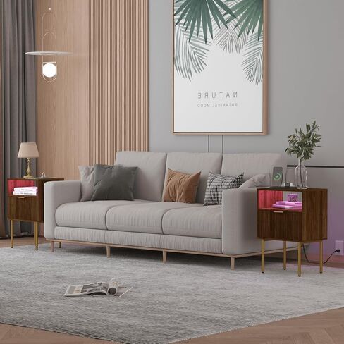 Nightstand with Outlet and Led Light, Bedside Table with Storage Drawer, Fluted Side Table for Living Room, Bedroom in Saudi Arabia
