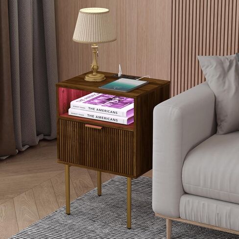 Nightstand with Outlet and Led Light, Bedside Table with Storage Drawer, Fluted Side Table for Living Room, Bedroom in Saudi Arabia