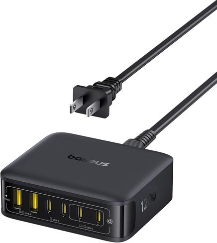 قاعدة شحن Baseus بقدرة 120 وات، شاحن سطح مكتب USB-C PD سريع الشحن 6 في 1 مع سلك تمديد بطول 5 أقدام، 4 منافذ USB C، 2 منافذ USB A، شريط طاقة للسفر لهاتف iPhone 17/16، iPad Pro، MacBook Pro، الكمبيوتر اللوحي والمزيد in Kuwait