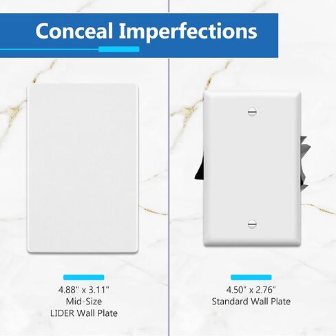 LIDER Blank Wall Plate, Temperature and Impact Resistant, UL Listed, Polycarbonate Thermoplastic, Screwless Design, Matte Finish, Modern Upgrade, Midsize, 1-Gang, 4.88" x 3.11", White, 10 Pack in Saudi Arabia