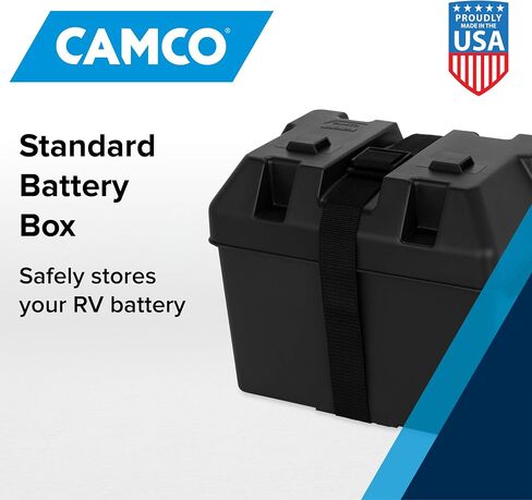 صندوق بطارية Camco عالي التحمل مع الأشرطة والأجهزة - المجموعة 24 | متاجر آمنة لبطاريات المركبات الترفيهية والسيارات والبطاريات البحرية | مادة متينة مضادة للتآكل | المقاسات 7-1/4 بوصة × 10-3/4 بوصة × 8 بوصة | (55363) in Kuwait