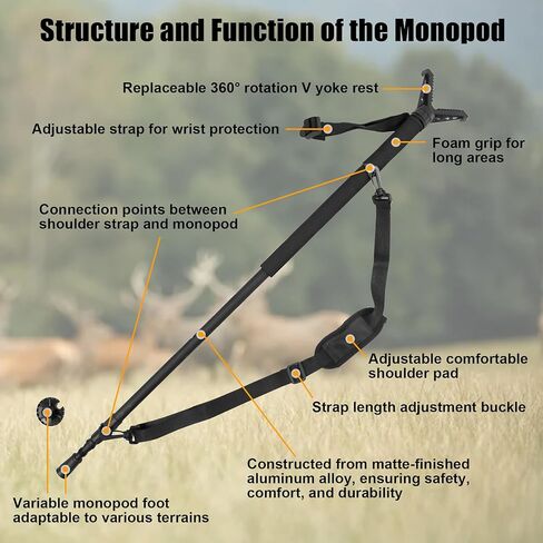 HUNTPAL Shooting Stick Hunting Monopod Gun Rifle Shooting Rest with 360° Swivel Yoke, Matt Aluminum 33"-75" Trekking Hiking Pole Walking Stick Stand with Integrated Spike Feet and Carry Shoulder Strap in Kuwait