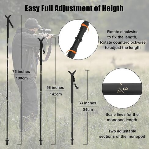 HUNTPAL Shooting Stick Hunting Monopod Gun Rifle Shooting Rest with 360° Swivel Yoke, Matt Aluminum 33"-75" Trekking Hiking Pole Walking Stick Stand with Integrated Spike Feet and Carry Shoulder Strap in Kuwait