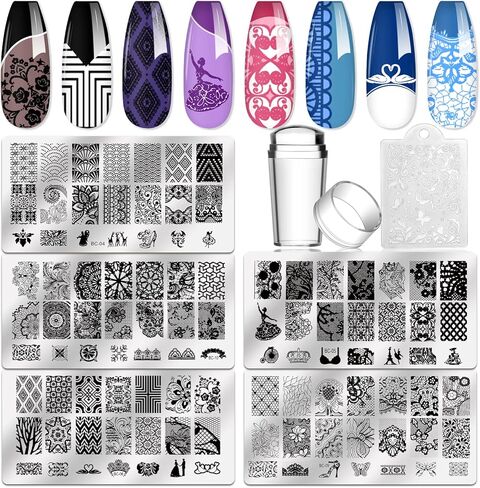Biutee Nail Stamping Plates 5PCS Nail Stamping Polish Gel 8PCS Nail Stamper Set 1 Double Head Stampers with Scrapers Nail Art Stamping Kit Leaves Flowers Animal Template Image Plate in Saudi Arabia