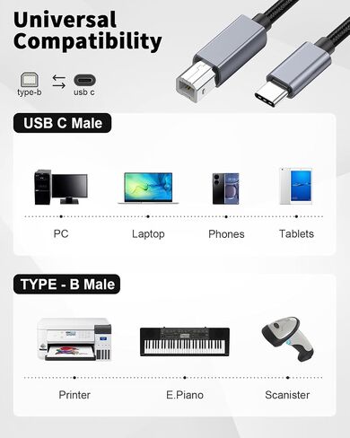كابل طابعة Danfetsoy USB C إلى USB B بطول 10 أقدام، كابل USB B ذكر إلى USB C ذكر مناسب للطابعة، الماسح الضوئي، جهاز الفاكس، وحدة تحكم DJ، إلخ (3 متر/10 أقدام) in Kuwait