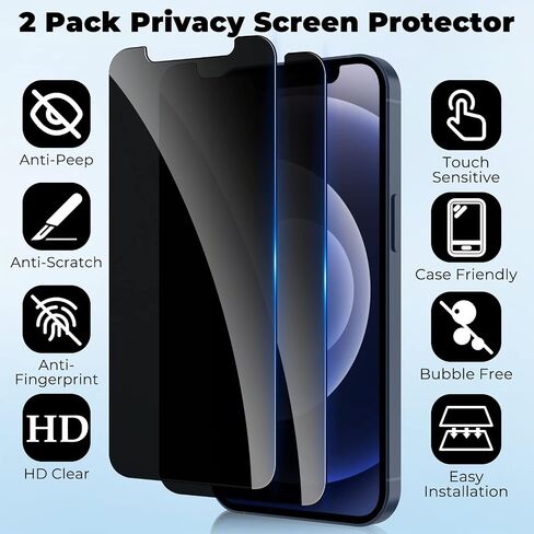 قطعتان من واقي شاشة الخصوصية لهاتف iPhone 12/12 Pro مقاس 6.1 بوصة، واقي شاشة مضاد للتجسس من الزجاج المقسى مقاوم للكسر/مضاد للخدش/حساس باللمس/بدون فقاعات هواء/سهل التركيب in Kuwait