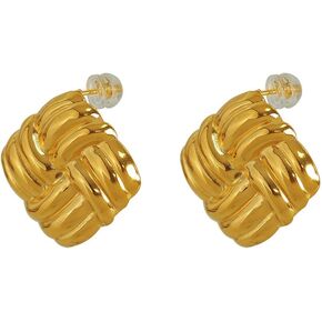 Gold Statement Chunky Stud Earrings for Women Girl，Geometric Square Textured Vintage Trendy Jewelry