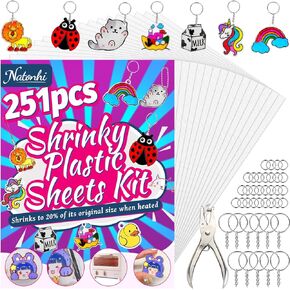 Natonhi 251Pcs Shrinky Dink Sheets,Shrink Paper Keychain Kit with 50pcs Shrinky Paper,100PCS Keychains and 100 Open Iron Ring for Kids Creative Craft Marking, Shrinky Dink Handprint Keychains