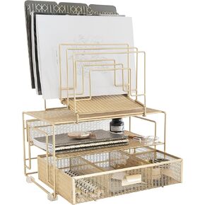 BLU MONACO Workspace Gold Desk Organizer and Accessories Desktop Rack with File sorters and Drawer for Office Supplies, Paper, Device and Folder