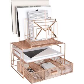 BLU MONACO Workspace Gold Desk Organizer وملحقات رف سطح المكتب مع فارز الملفات ودرج للوازم المكتبية والورق والأجهزة والمجلدات