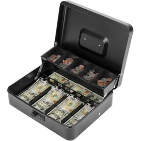 Large Cash Box with Key Lock,Money Box with Cash Tray, Locking Cash Boxes,Durable Lock Safe Box with Key,Money Saving Organizer, 4 Bill 5 Coin Slots,Cantilever Design, XL Large, Black