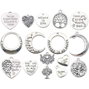 Family Mom Words Charm Collection-32 PCS Craft Supplies Heart Moon Love Words Mother's Day Charms Pendants for Jewelry Making Crafting Findings Accessory for DIY Necklace Bracelet Earrings (M283)