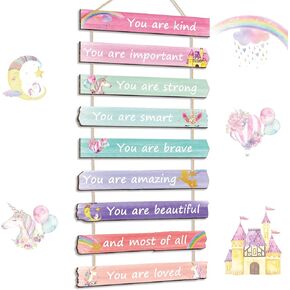 Yookeer Set of 9 Girls Room Decor Unicorn Rainbow Wall Decors for Girls Teen Inspirational Bedroom Decor Positive Toddler Room Wood Sign Nursery Room Decor Wall Art for Kids Little Girls