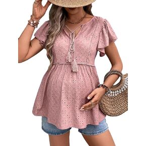 OYOANGLE Women's Maternity Tie Front Short Sleeve Eyelet Embroidery Blouse Shirt Solid Plain Flared Peplum Tops
