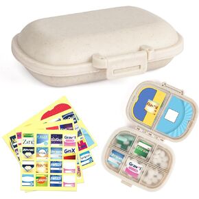 1Pack Travel Pill Organizer & 56 Medicine Name Stickers, 8 Compartments Portable Pill Case, Small Pill Box for Pocket Purse Portable Medicine Vitamin Container (Beige with Stickers)