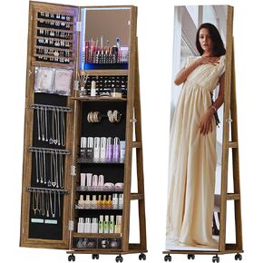 Lvifur 360° Rotating Jewelry Armoire LED Strip, Full Length Mirror Large Capacity 3 Color Dimmable Jewelry Organizer Cabinet with Makeup Tray, Lockable Floor Standing Mirror with 4 rollers for Bedroom