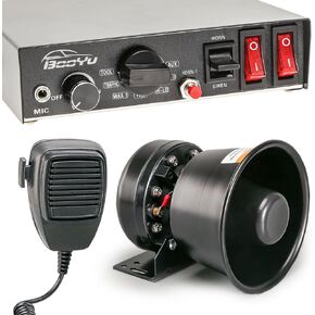 BooYu 9 Tone 12V 200W Warning Emergency Police Siren PA System [Black Steel Speaker][Handheld Microphone][Hands-Free][125-135dB][2 x 10A Switches] for Firefighter Ambulance Vehicles Truck SUV ATV UTV