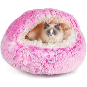 Cat Beds & Dog Bed with Cover Cave, Dog Beds for Small Dogs, Round Soft Plush Donut Calming Pet Bed for Indoor Cats or Small Dog, Washable Puppy Bed with Non-Slip Bottom-24inch