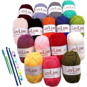 LovLim Crochet Yarn kit, 16 Soft Cotton Yarn Skeins,1000+ Yards, for Crochet and Knitting, Free Crochet/Amigurumi Patterns, Craft DK Yarn Perfect Starter Kit