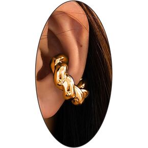 Chunky Gold Ear Cuff Earrings, 14K Gold Non Piercing Hollow Lightweight Clip On Cartilage Hoop Earrings Great Jewelry Gifts for Women Teen Girls