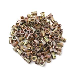 pouilzx 100pcs M6 Rivet Nuts, Zinc Plated Finish Carbon Steel Flat Head Rivnut Threaded Insert Nut Knurled Body