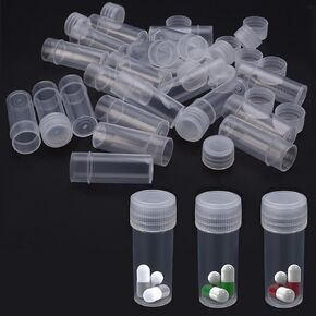 EORTA 50 Pcs 5 ML Plastic Refillable Bottles with Caps Portable Refillable Tube Vials Mini Empty Container for Pills, Crafts, Beads, Salt, Candy Storage, Clear