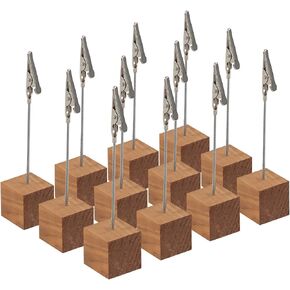 CIOUYAOS 12PCS Rustic Wood Place Card Holders with Memo Clips , Wooden Place Card Holder Card Stand for Wedding Party Displaying Number Table Photo Holder (Wood Cube Base)