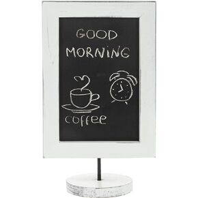 MyGift 12-Inch Vintage White Wood Chalkboard Sign Tabletop Wooden Framed Small Chalkboard with Round Pedestal Stand, Display Vertical or Horizontal