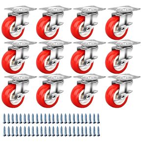 عجلات عجلات مقاس 1.5 بوصة، عجلات عجلات شديدة التحمل مع عجلات دوارة للفرامل مع عجلات من كلوريد البولي فينيل (PVC)، عجلات قفل عجلات حمراء (12 حزمة)