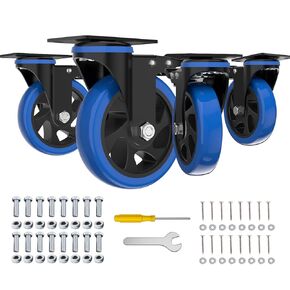 5 Inch Caster Wheels,Orange Casters Set of 4, Heavy Duty Casters with Brake 2200 Lbs, Locking Industrial Swivel Top Plate Casters Wheels for Furniture and Workbench Cart(Two Hardware Kits Include)