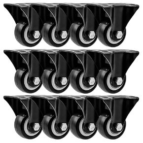 FactorDuty 12 Pack Combo 2 inch Caster Wheels 6 Rigid Non Swivel Fixed Stationery & 6 No Brake Swivel Plate All Black Polyurethane Wheels Non Marking No Noise 150LB Per Wheel