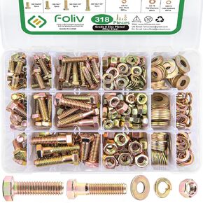 FOLIV 608pcs Grade 8 Bolts and Nuts Assortment Kit, 1/4-20, 5/16-18, 3/8-16, 1/2-13 Heavy Duty Hex SAE Bolts Nuts Washers Assortment Kit