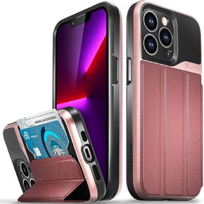 VENA Wallet Case Compatible with Apple iPhone 13 Pro (6.1"-inch), vCommute (Military Grade Drop Protection) Flip Leather Cover Card Slot Holder with Kickstand (Rose Gold)